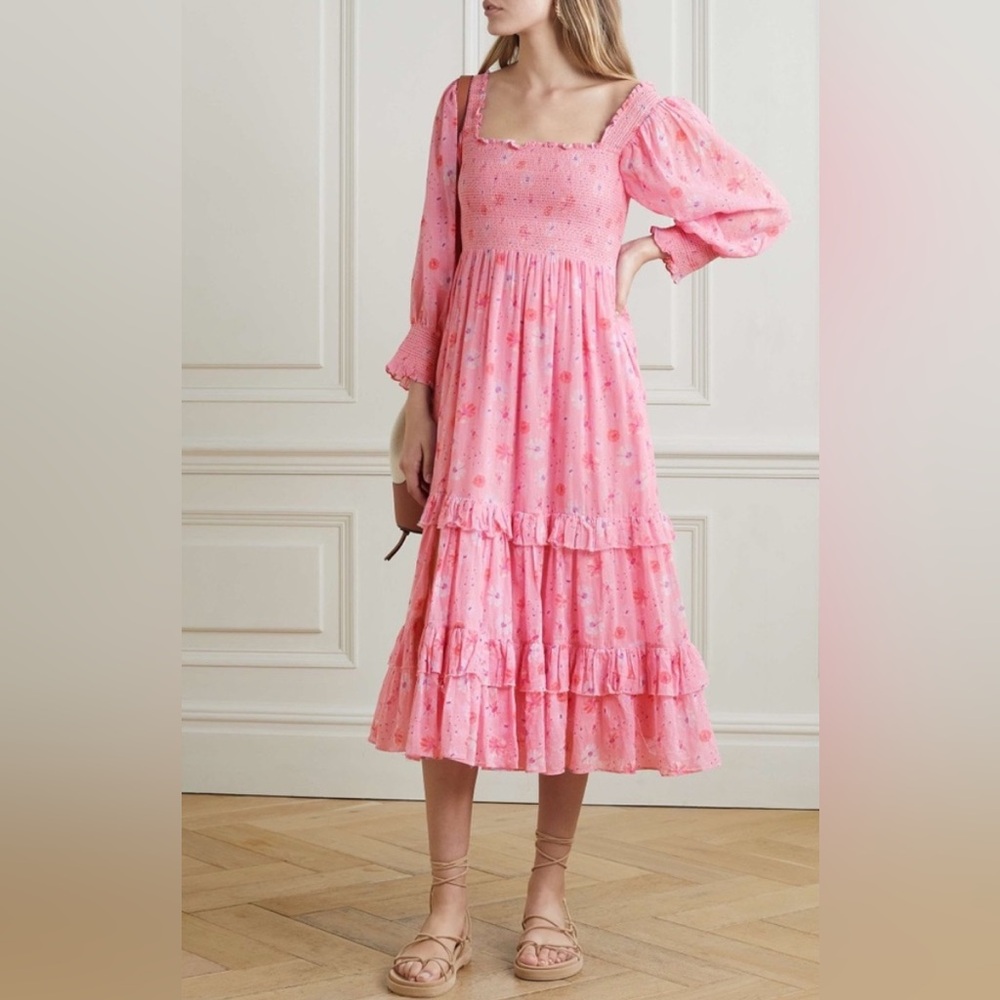 EUC LoveShackFancy Miri Midi Dress in pink floral. Size small.